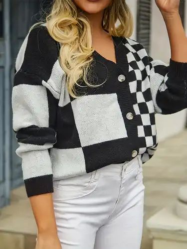 Checkerboard Pattern Knit Cardigan, Casual Button Front Long Sleeve Sweater, Women's Clothing | Temu Affiliate Program