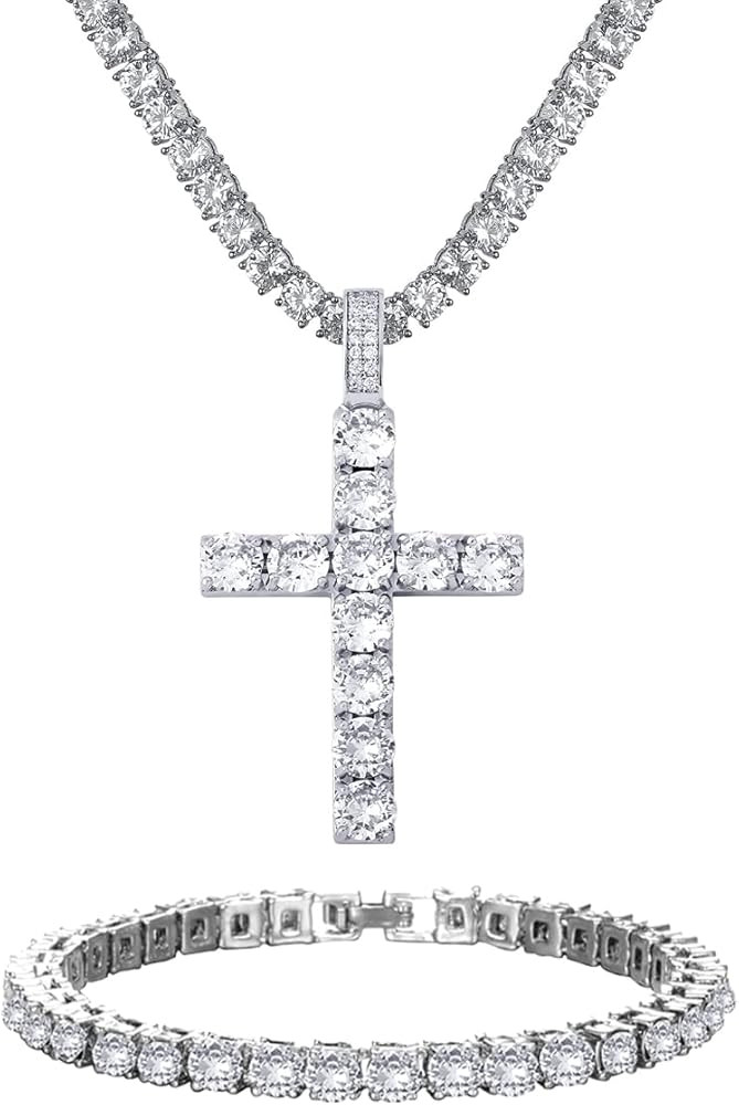 Ronglry Cuban Link Chain for Men - Silver Diamond Necklace | Amazon (US)