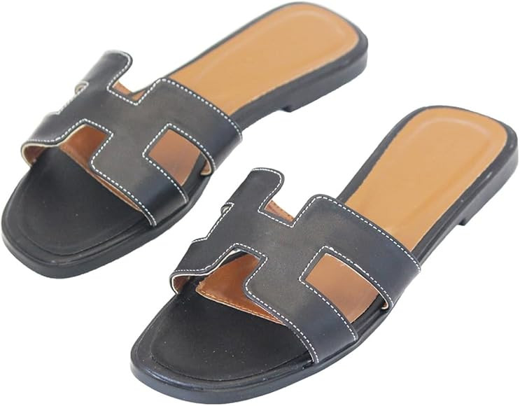 Flat Sandals for Women, Slip on Leather Slides Ladies Dressy Casual Slippers Cute Open Toe Shoes | Amazon (US)