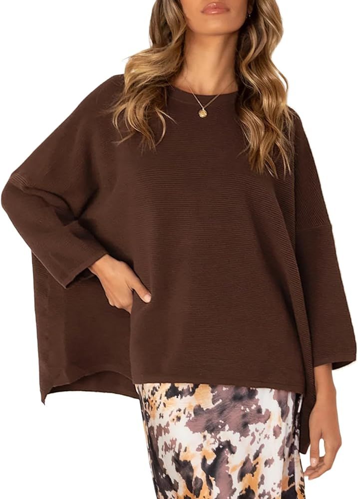 EVALESS Women's Crewneck Oversized Sweaters Fashion 2023 Fall Long Batwing Sleeve Tunic Pullover ... | Amazon (US)