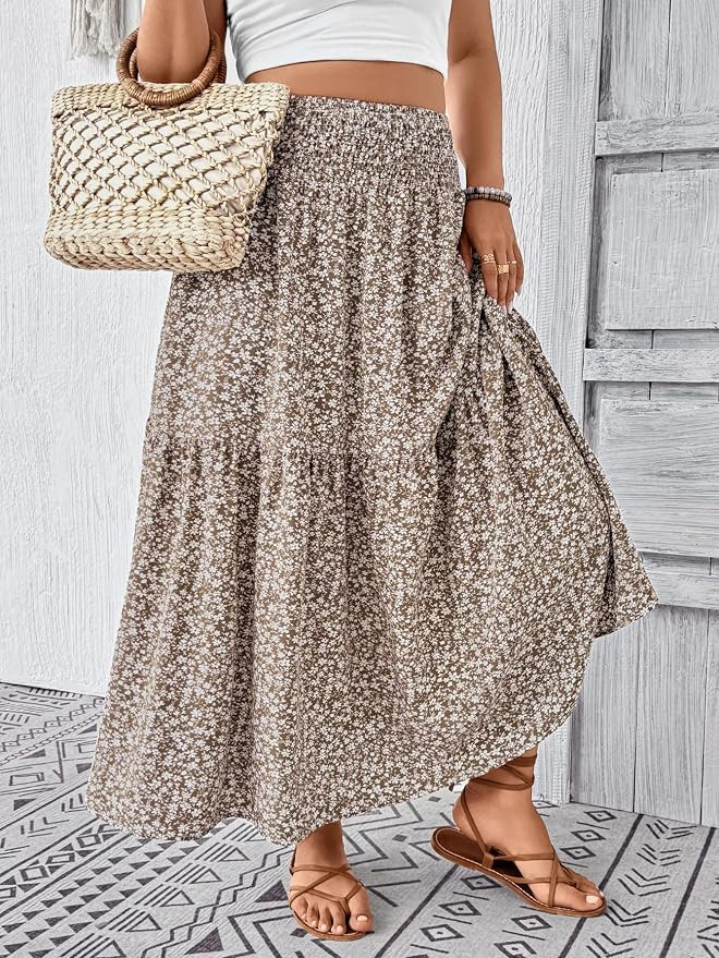 Women Plus Size Maxi Skirt Summer Casual Beach Smocked High Waisted Boho Long Skirt with Pockets | Amazon (US)