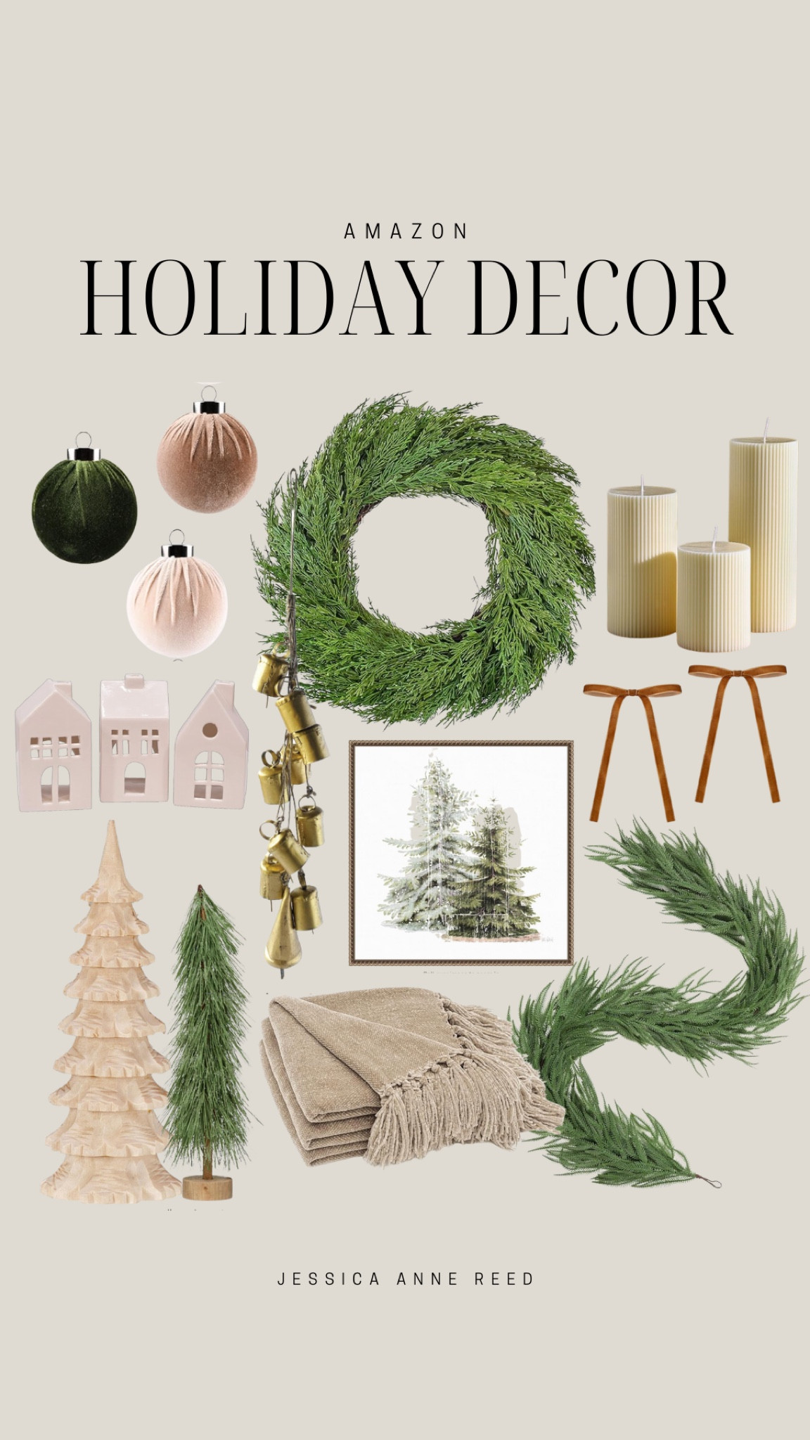 Holiday decor from Amazon includes fluted pillar candles, wreath, flocked ornaments, gold bells, wooden tree, greenery tree, white Christmas village houses, garland, throw blanket, velvet ribbons, Christmas wall art.

Amazon holiday decor, holiday finds, Christmas decor, looks for less

#LTKStyleTip #LTKHoliday #LTKSeasonal