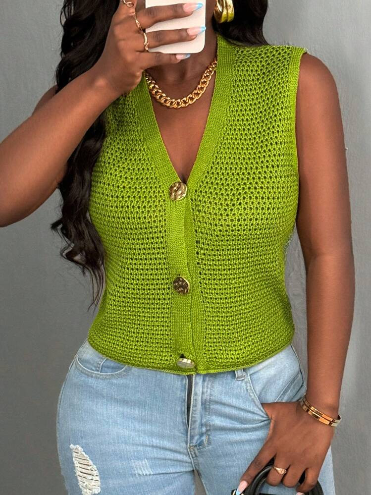 BamGleam New Green Metal Big Button V-Neck Sweater Vest, Hollow Out Cardigan For Casual Outdoor W... | SHEIN