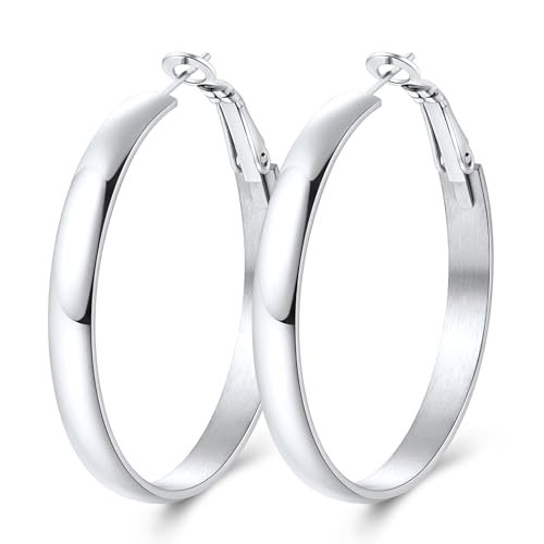 Jewlpire Silver Hoop Earrings for Women, Lightweight 925 Sterling Silver Hoops Earring, 5mm Width Medium Hoops Earrings for Women Trendy 40 mm | Amazon (US)