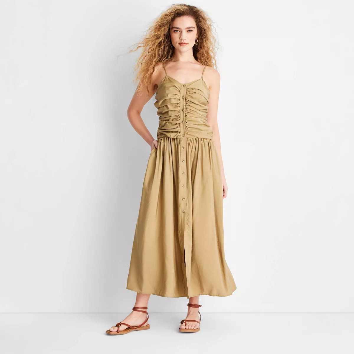 Women's Ruched Midi Tank Dress - Future Collective Khaki S: V Neck, Spaghetti Straps, Side Pocket... | Target