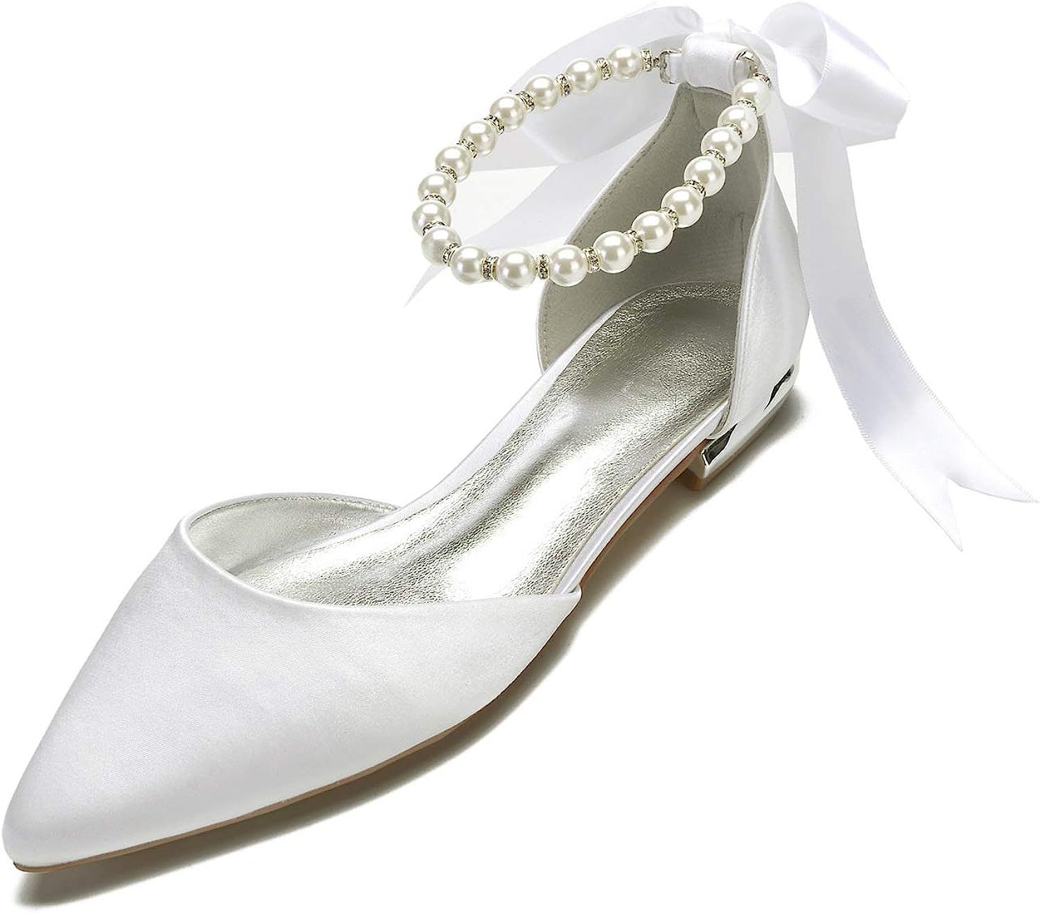 LLBubble Women Satin Pearls Wedding Flats Shoes for Bride Pointed Toe Prom Evening Bridal Party D... | Amazon (US)