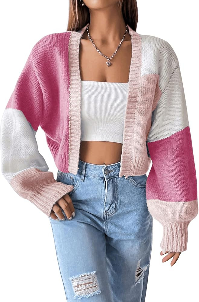 GORGLITTER Women's Colorful Open Front Cardigan Sweater Color Block Long Sleeve Drop Shoulder Cro... | Amazon (US)