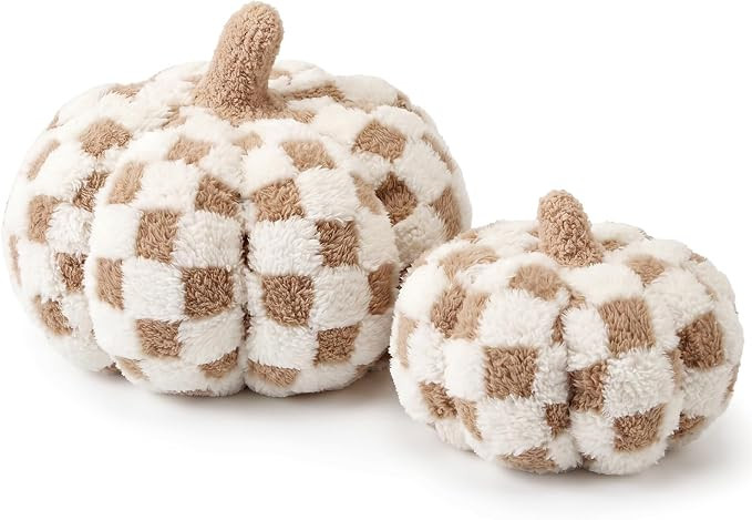 2 Pcs Fall Pumpkin Throw Pillows 11" and 7.9", Decorative Pumpkin Pillows | Brown White Checkerbo... | Amazon (US)