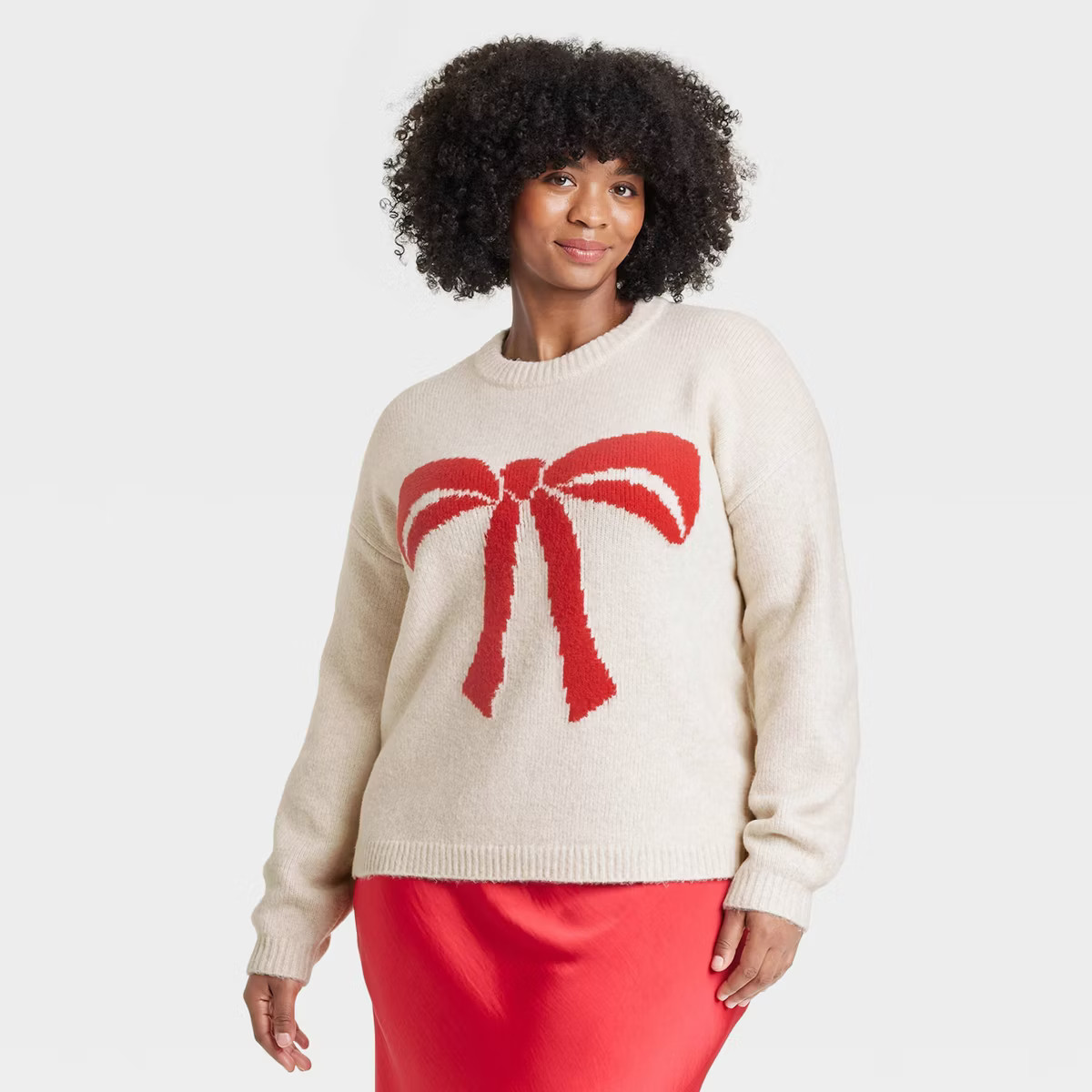 Women's Holiday Crewneck Pullover Sweater - A New Day™ Oatmeal Bow 3X | Target
