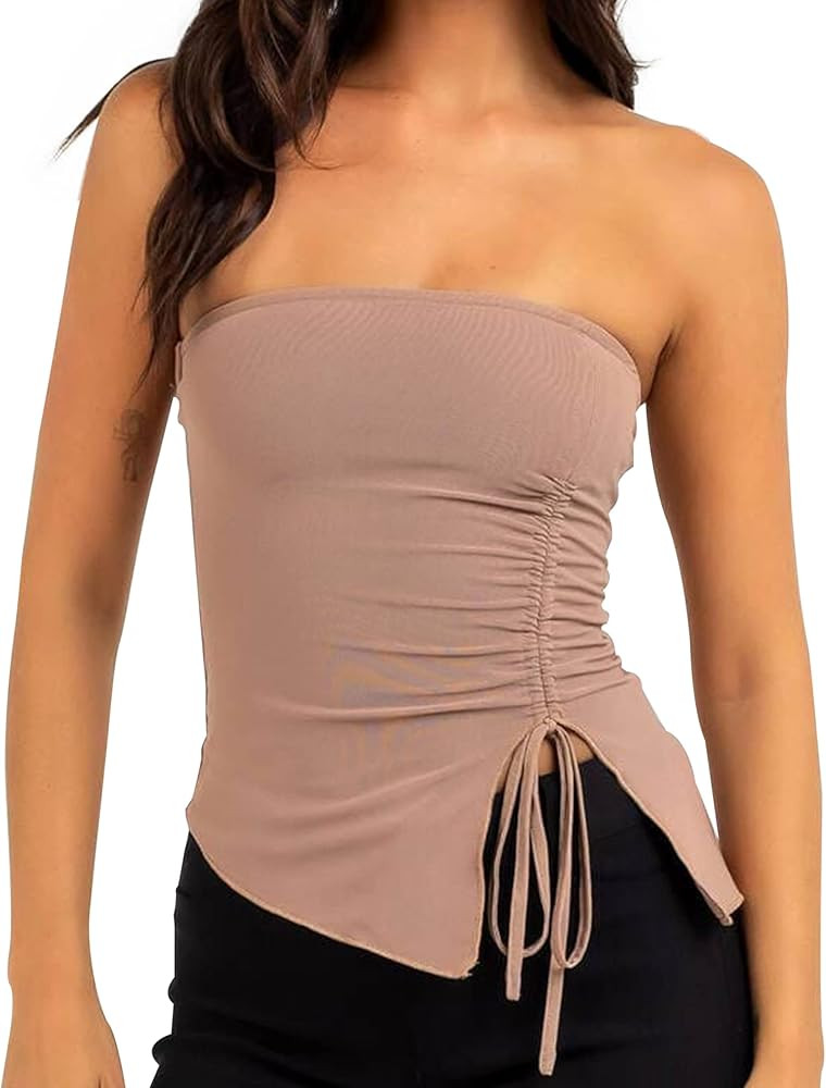 MISSACTIVER Women’s Strapless Sleeveless Tube Top Mesh Double Layer Ruched Side Asymmetrical La... | Amazon (US)