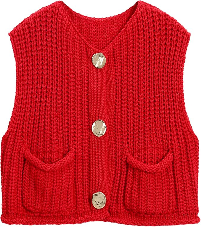 Hixiaohe Womens Crochet Chunky Knit Top Sleeveless Button Down Crop Tops Trendy Cardigan Sweater ... | Amazon (US)