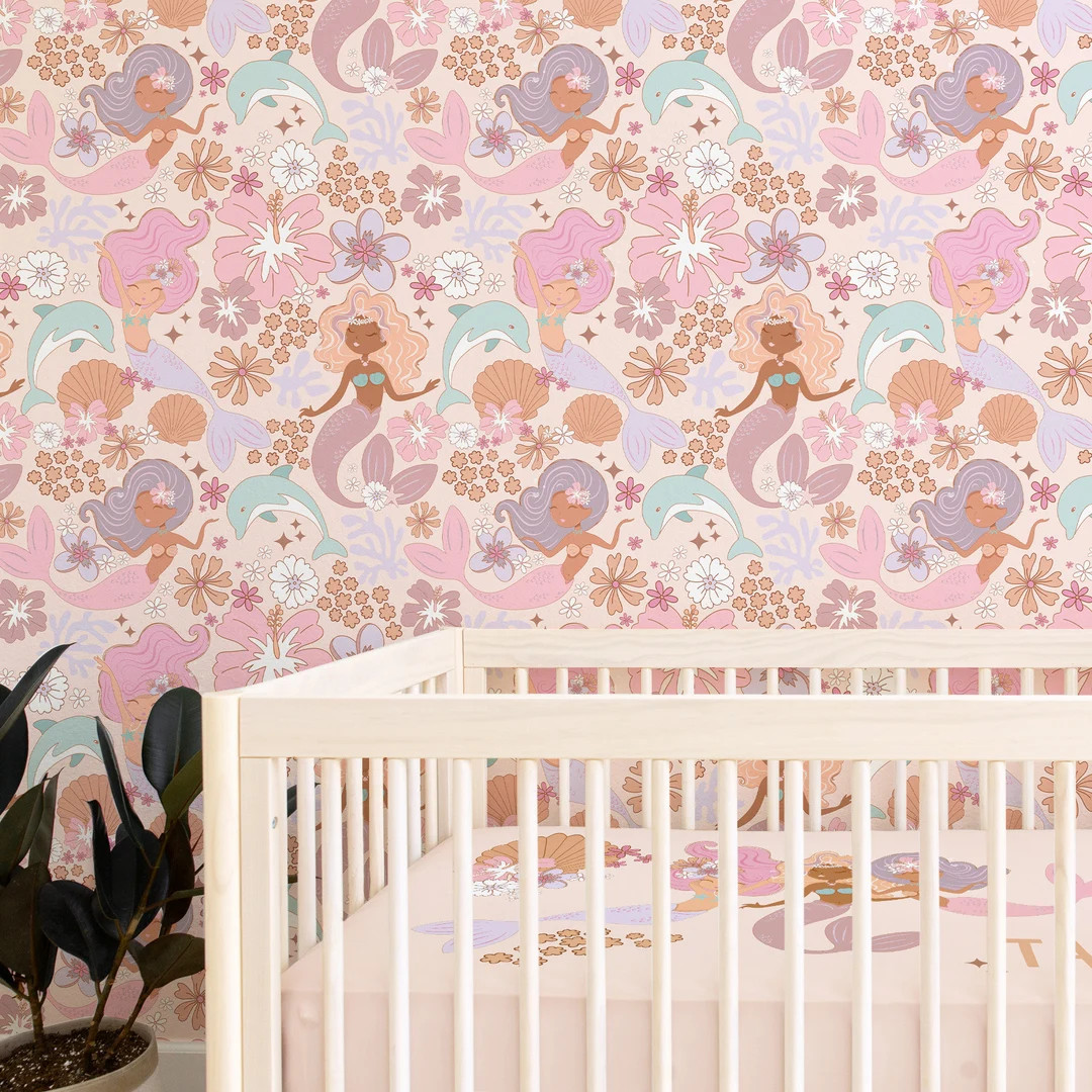 Boho Mermaid Wallpaper, Retro Removable Wallpaper, Mermaid, Peel and Stick, Nursery Wallpaper, Pe... | Etsy (US)