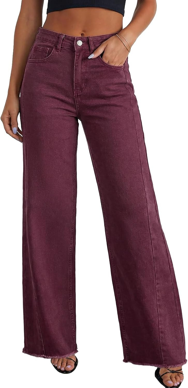 Sidefeel Women's Wide Leg Jeans High Waisted Stretchy Raw Hem Zimbaplatinum Denim Pants | Amazon (US)