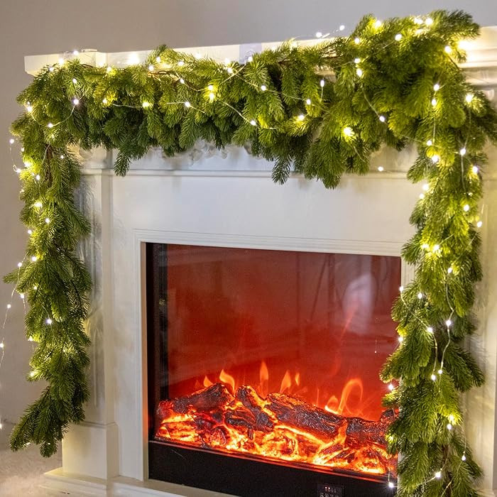 6FT Christmas Garland PARTY JOY Pine Garland with 9.8FT LED String Lights, Greenery Plant for Christmas Decorations Table Mantle Background Wall Room Outdoor Indoor Winter Decoration | Amazon (US)