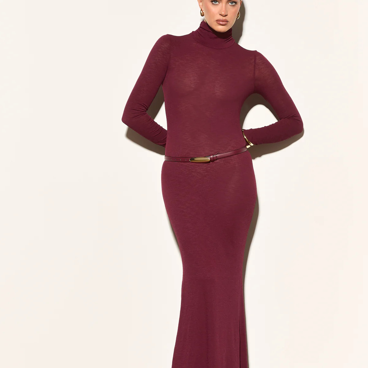 GISELE Burgundy Fine Knit Maxi Dress | Noughts and Kisses