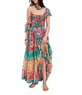 Free People Sunshine Floral Printed Scoop Neck Flutter Sleeve A-Line Maxi Dress -  L | Dillard's