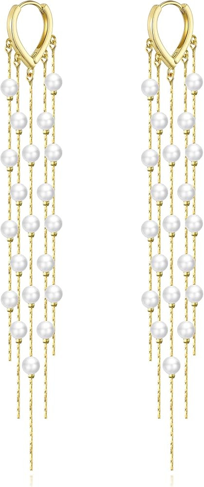 Long Pearl Earrings for Women 14k Gold Plated Pearl Dangle Tassel Earrings Sterling Silver Post L... | Amazon (US)