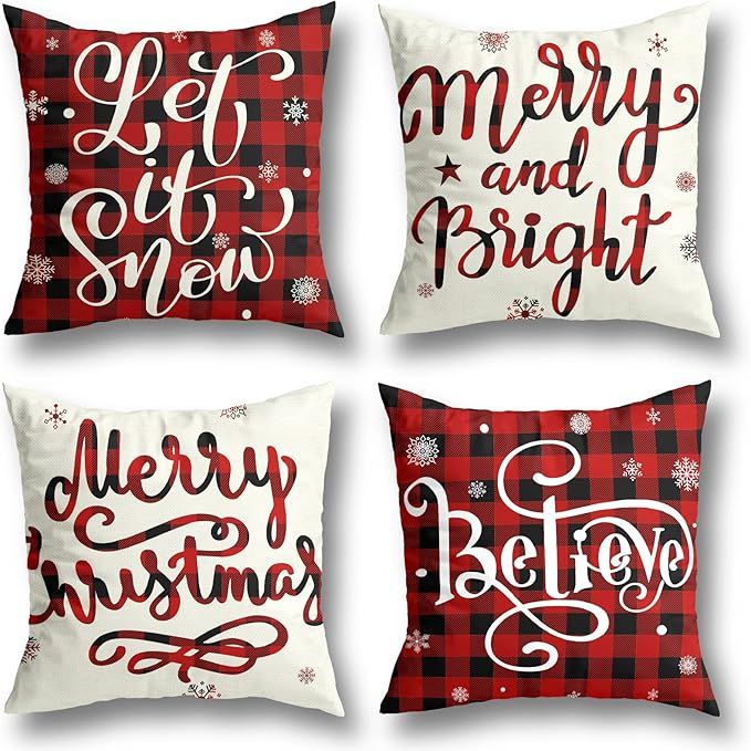 Christmas Decorations Christmas Pillow Covers 18x18 Inches Set of 4 Farmhouse Buffalo Plaid Black... | Amazon (US)
