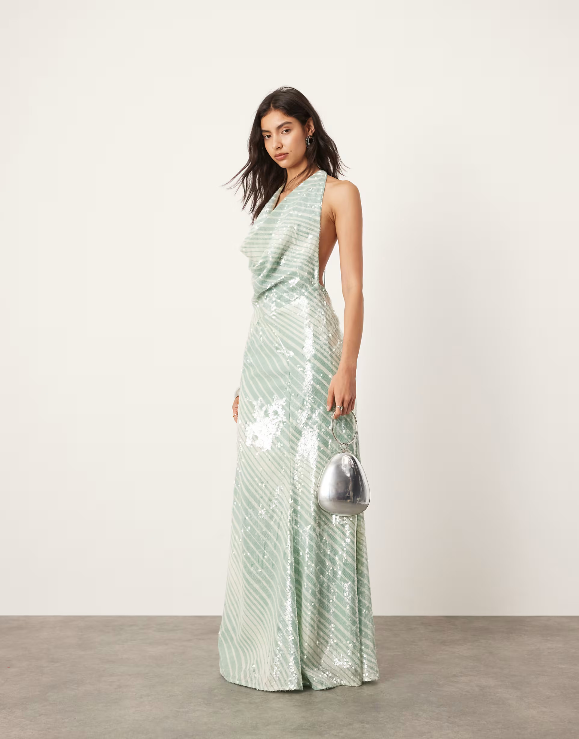 ASOS EDITION allover sequin deep cowl neck maxi dress in mint stripe print | ASOS (Global)
