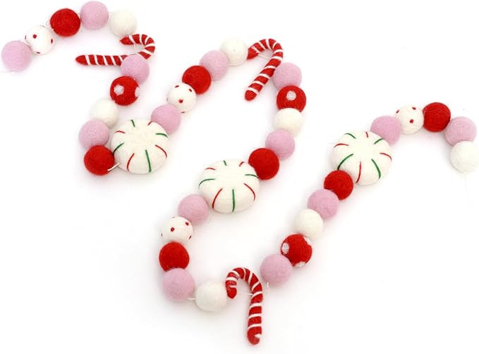 Glaciart One Peppermints and Candies Felt Ball Garland - Pompom Holiday Decoration Hand-Made from... | Amazon (US)