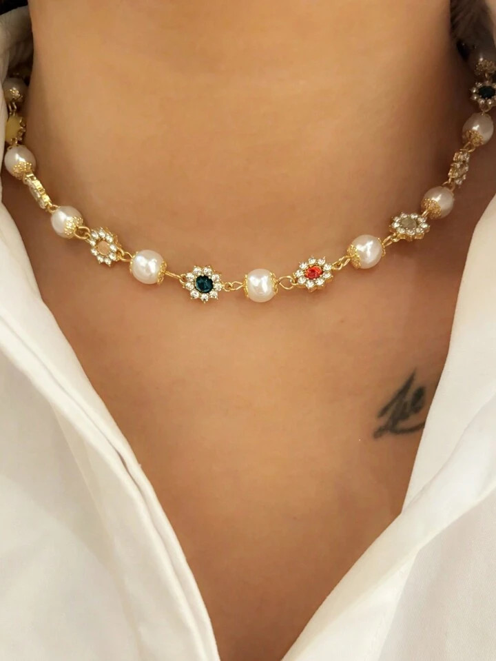 1pc Exquisite Rhinestone Flower & Imitation Pearl Decor Choker Necklace, For Women Party, Festiva... | SHEIN