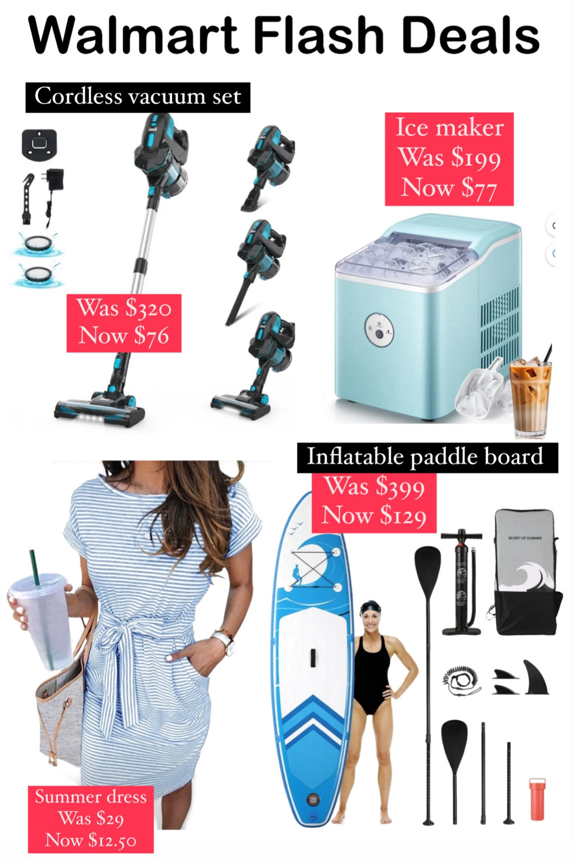 @Walmart flash deals happening right now. 
Inflatable paddle board comes with pump and carrying bag was $399 now $129

Ice maker- 4 colors. Was 199 now $77

Summer dress - more colors was $29 now $12.50

Indoor outdoor projector sale 
Was 

Cordless vacuum set was $320 now $76
Selling out fast. 

#walmartpartner #walmarthome 

#LTKSummerSales #LTKHome