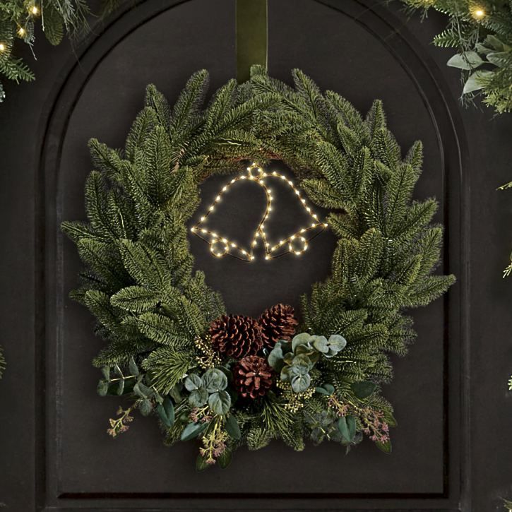 Pre-lit Winter Bells Cordless Wreath | Grandin Road | Grandin Road