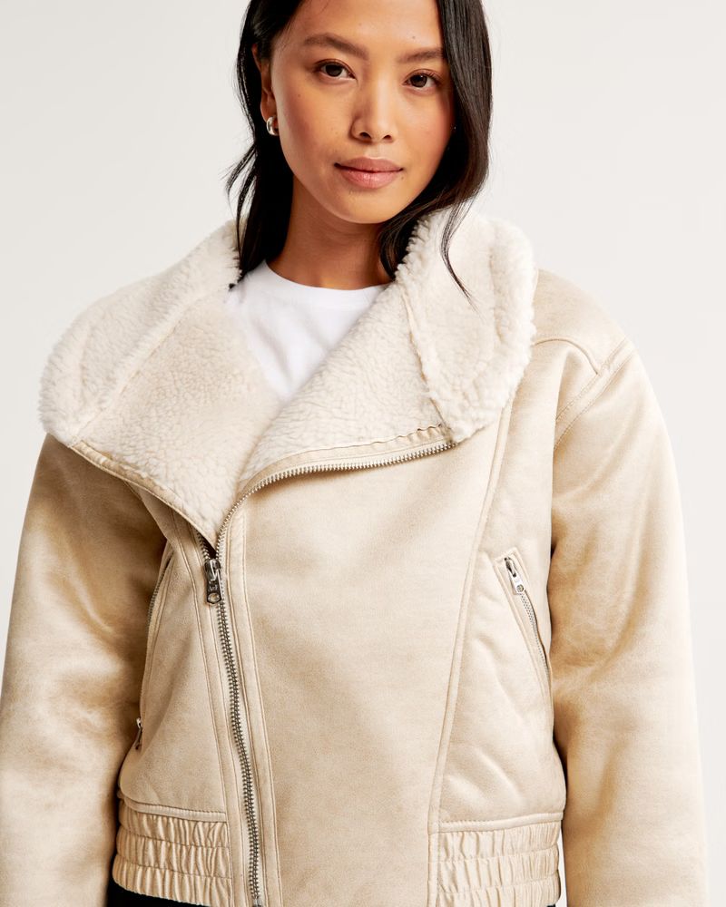 Women's Vegan Suede Sherpa-Lined Bomber Jacket | Women's Clearance | Abercrombie.com | Abercrombie & Fitch (US)