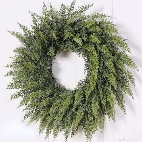 24" Real Touch Artificial Cedar Wreath - Faux Christmas Wreaths for Front Door,Faux Pine Green Wreath for Home, Holiday, Fireplace, Mantle,Wall, Windows, Xmas, Outdoor Decoration | Amazon (US)