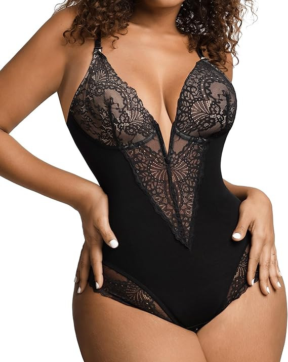 Popilush Lace Shapewear Bodysuit Tummy Control Corset Tops V Neck Sleeveless Backless Body Suit T... | Amazon (US)