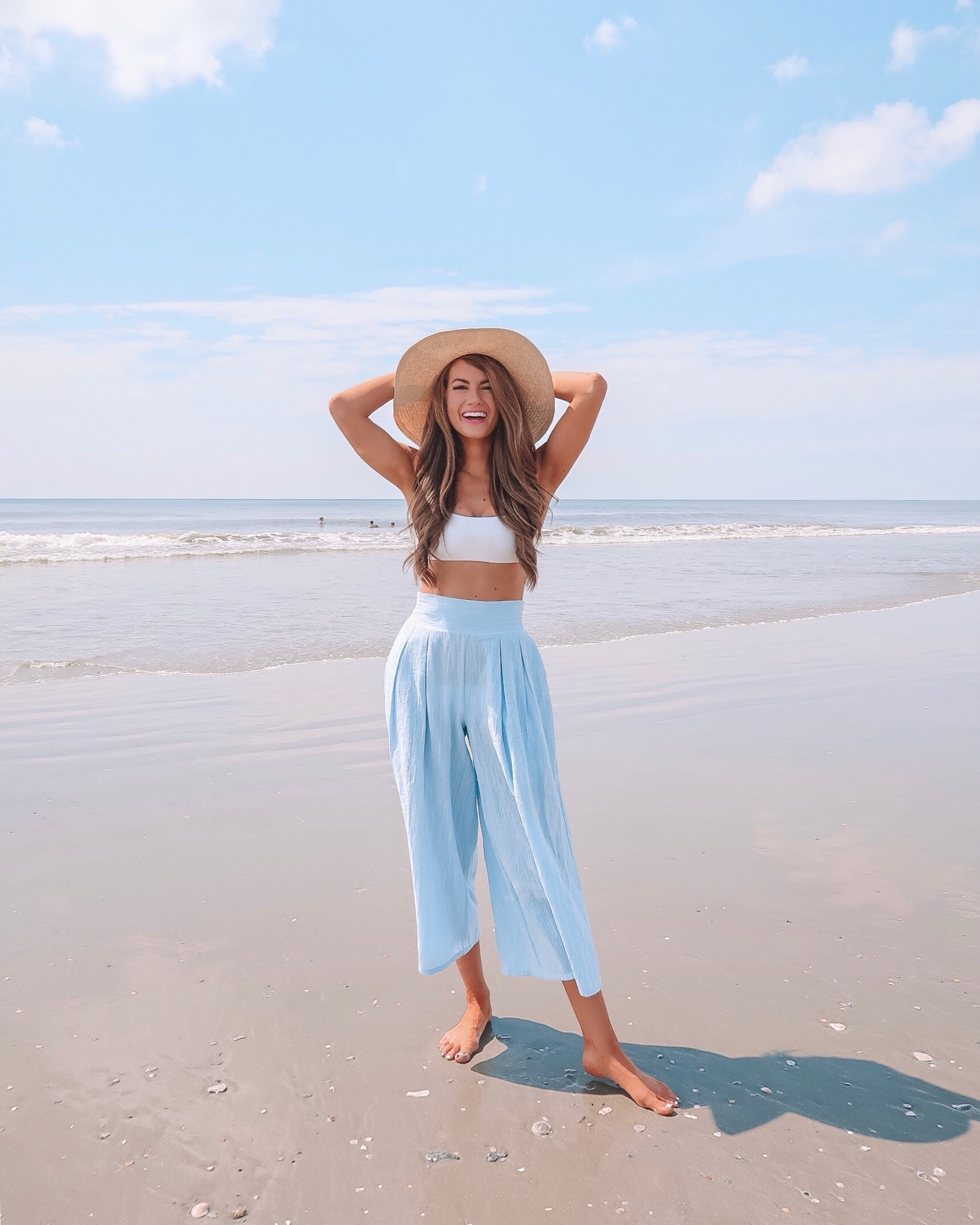 Cute beach outfit inspo! 
White swimsuit, blue coverup pants, straw hat, beach style 

#LTKswim #LTKSeasonal #LTKunder100