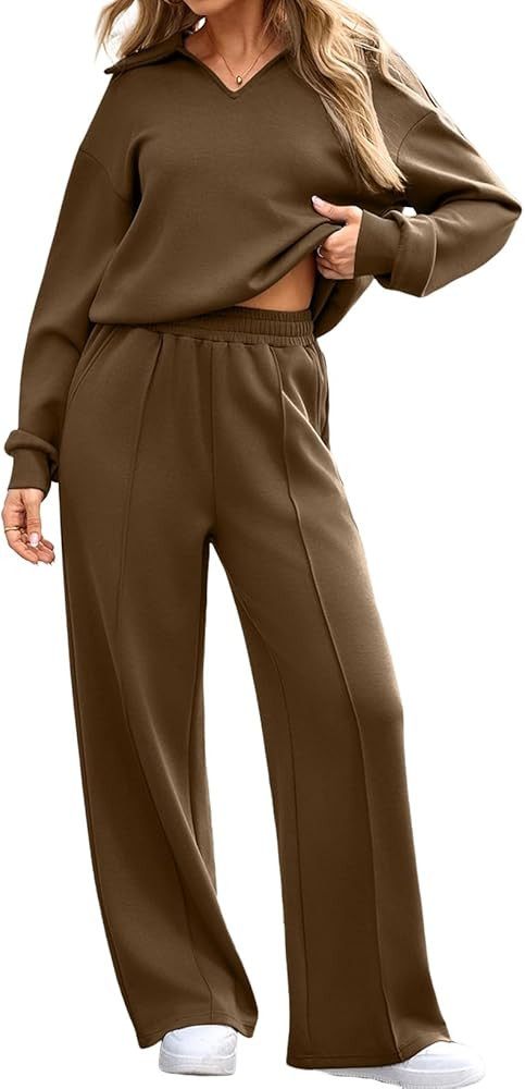 Aleumdr Womens 2 Piece Outfits Fall Lounge Set Sweatsuit Long Sleeve Tops Wide Leg Pants with Poc... | Amazon (US)