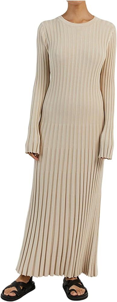 WZTYYDS Women Fall Long Sleeve Knit Dress Elegant Bodycon Dress Crew Neck Ribbed Solid Long Dress... | Amazon (US)