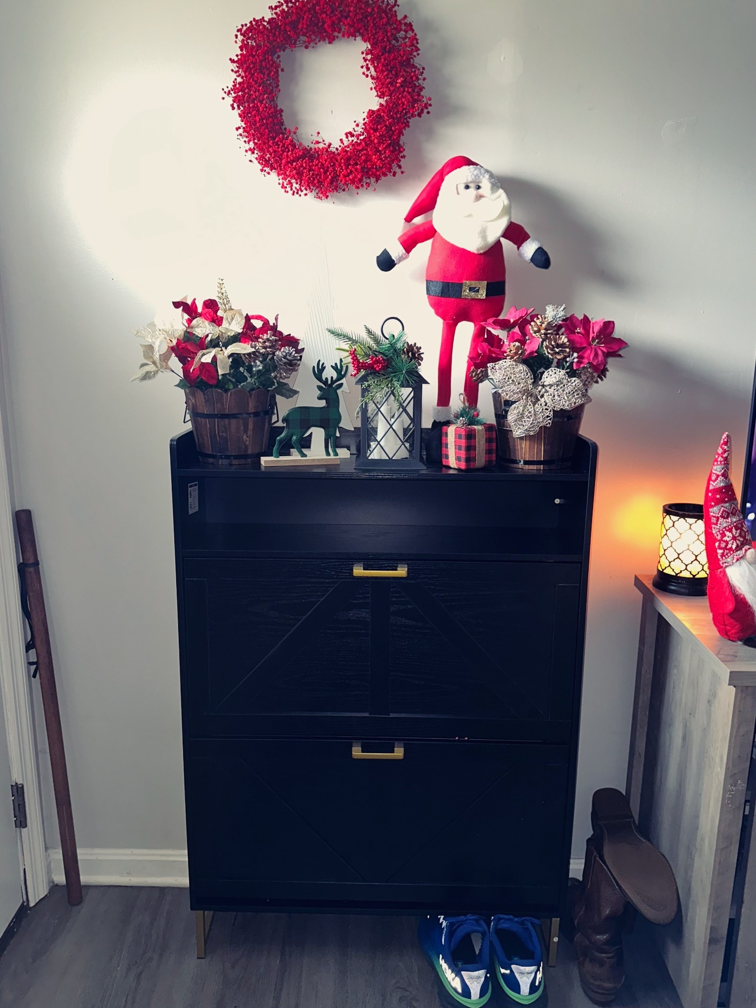 Got my entryway decked out a bit for the holidays! Still have some touches to add but I love it 😍 the shoe cabinet is new!! It fit perfectly and matches that farmhouse style! 

#LTKHome #LTKHoliday #LTKFindsUnder100