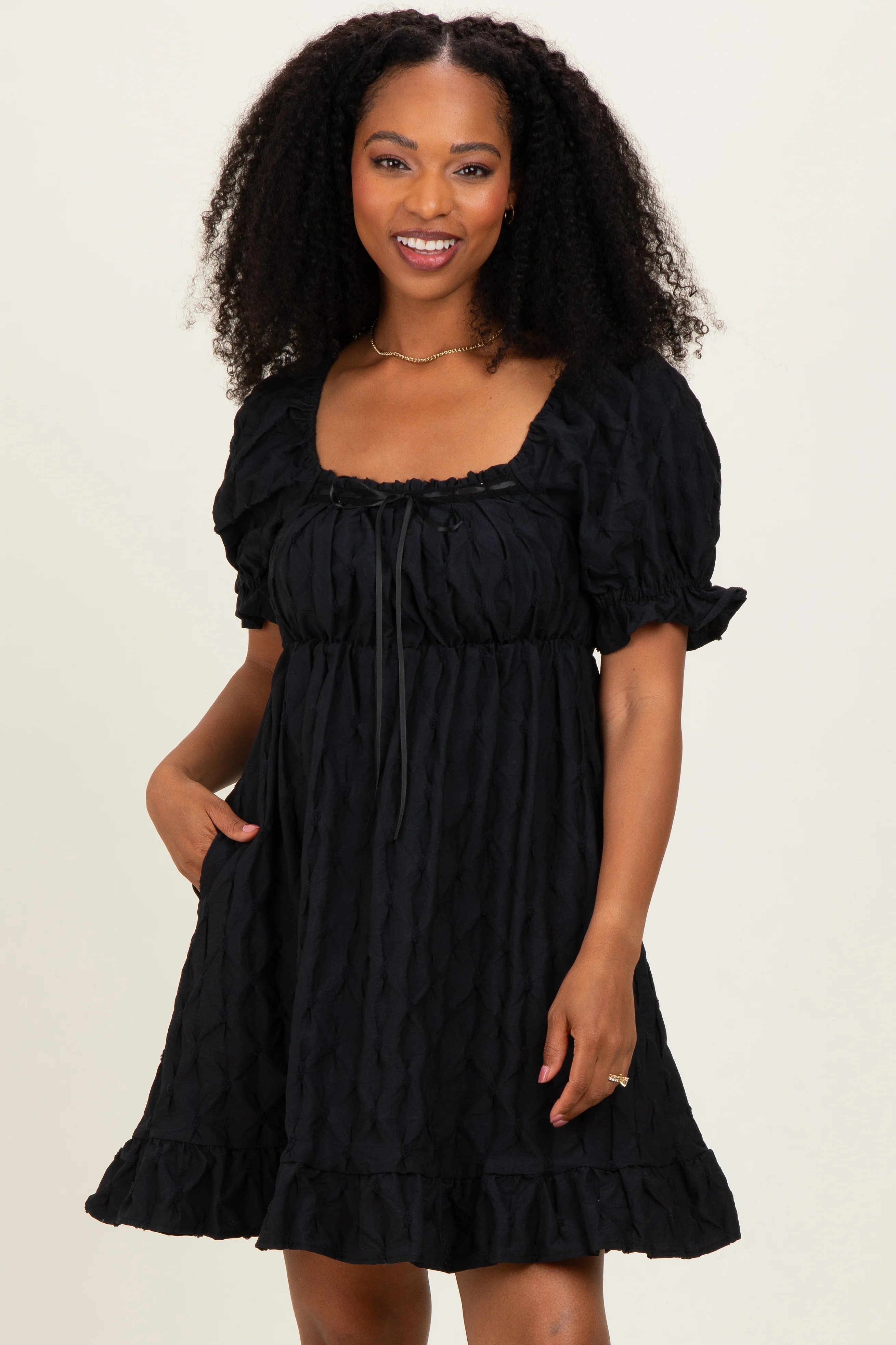 Black Textured Puff Sleeve Dress | PinkBlush Maternity