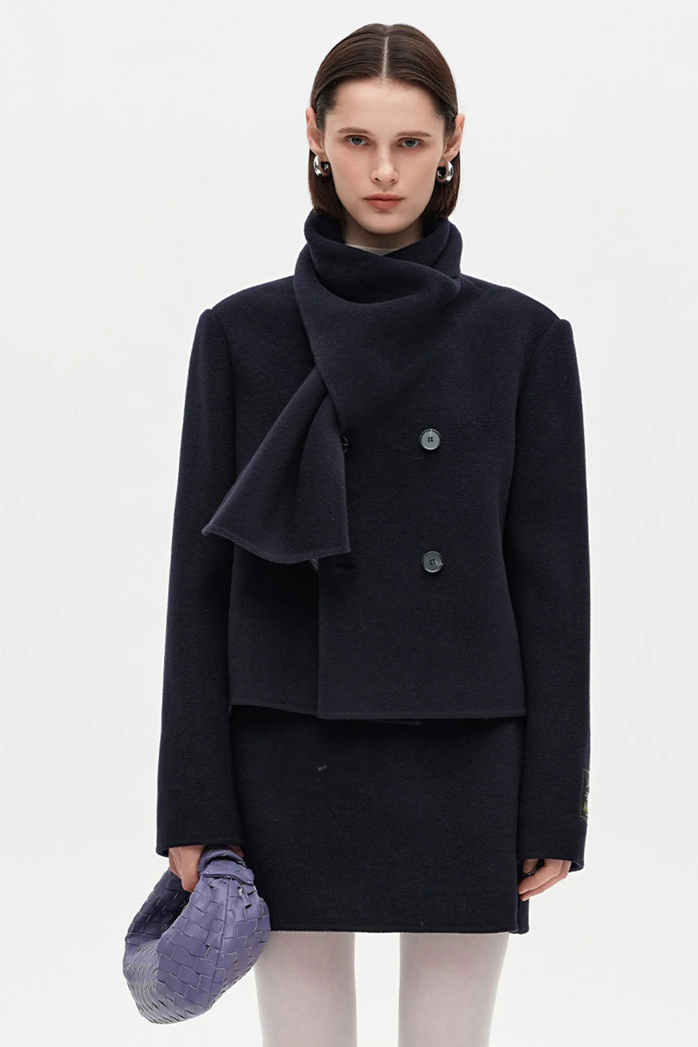 SELFWHO 100% Wool Blend Scarf Collar Short Coat | SELFWHO