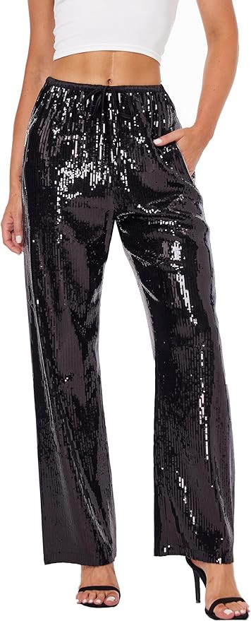Women's Sequin Pants Shiny Sparkly Party Club Night Out Metallic Casual Wide Leg Pants Trousers | Amazon (US)