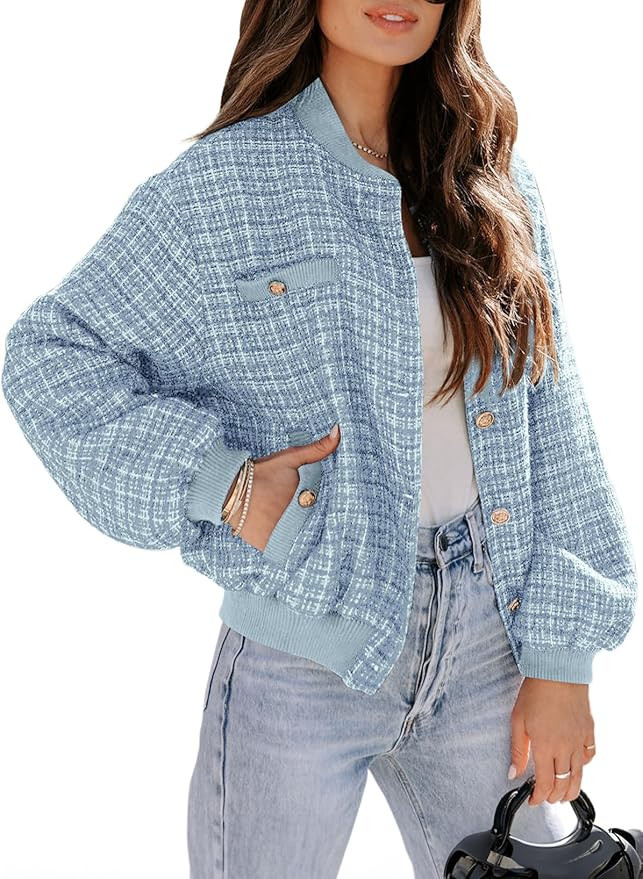 EVALESS Fashion Jacket for Women 2024 Fall Winter Trendy Button Short Shacket Long Sleeve Plaid C... | Amazon (US)