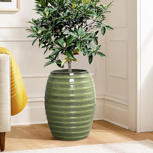 LuxenHome 17.5" Tall Ceramic Planter Pot for Indoor Outdoor Plants with Ribbed Texture, Round Plant Pots with Drainage Hole, Large Garden Flower Pot, Green | Amazon (US)