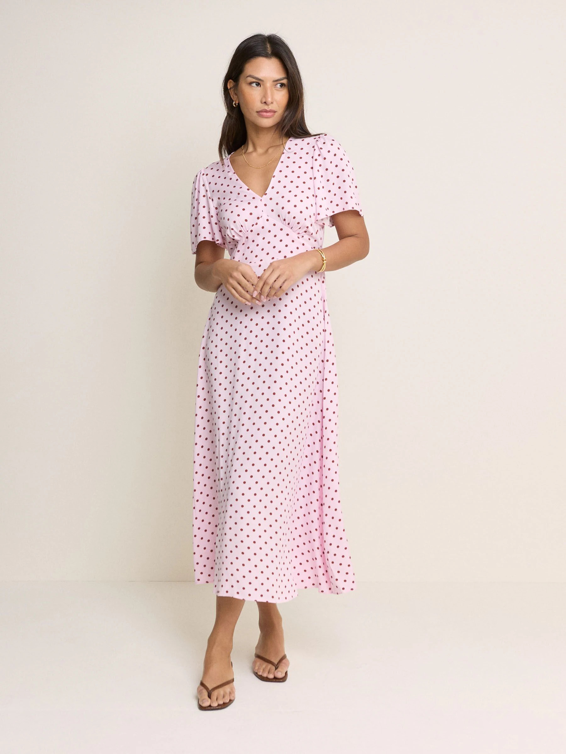 Nobody's Child Nobodys Child Pink and Brown Polka Dot Petite Atlas Midi Dress | Next US