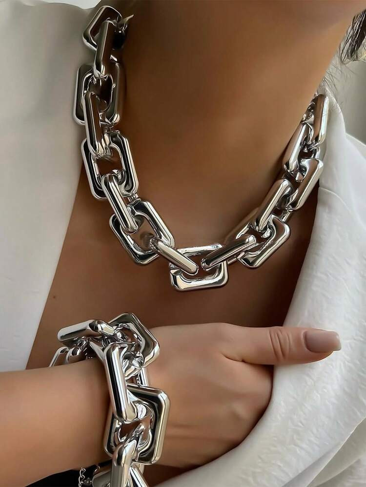 2pcs Punk Exaggerated CCB Thick Chain Bracelet & Necklace Set, Suitable For Date, Vacation, Daily... | SHEIN