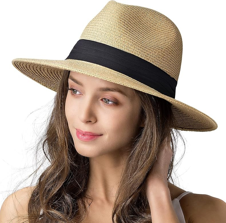 Womens Mens Wide Brim Straw Panama Hat Fedora Summer Beach Sun Hat UPF Straw Hat for Women | Amazon (US)