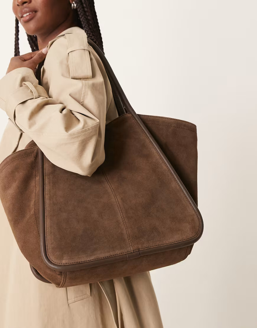 ASOS DESIGN suede winged tubular tote bag in brown | ASOS (Global)