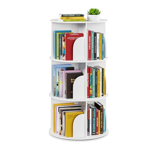 SpaceAid 3 Tier Rotating Bookshelf Tower, Spinning Bookcase Lazy Susan, Revolving 360 Book Shelf Storage Round Carousel, Vertical Rotate Turning Spiral Corner Organizer, White | Amazon (US)