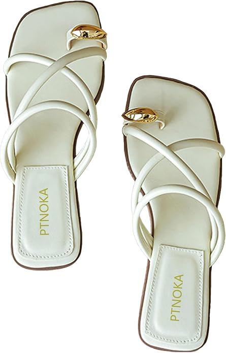 Women's Metal Toe Ring Strappy Flat Sandals Square Open Toe Comfortable Slip-On Low Heel Slide Sa... | Amazon (US)