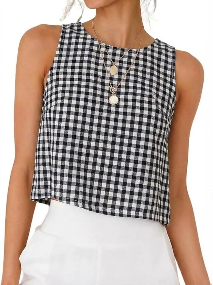 IDEALSANXUN Womens Gingham Crop Tank Tops 2026 Spring Summer Sleeveless Vest Top | Amazon (US)