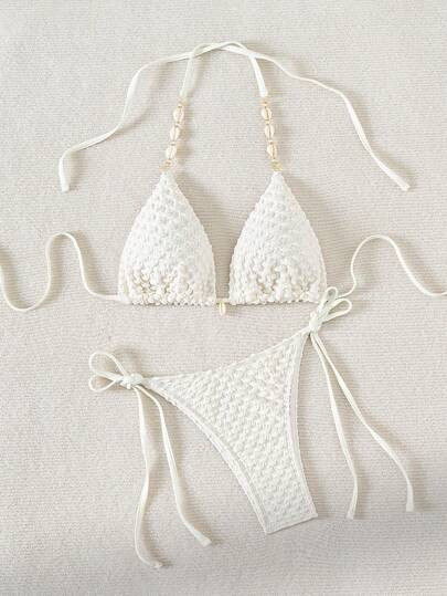 Swim Basics Summer Beach Solid Color Textured Separated Bikini Set Wedding | SHEIN