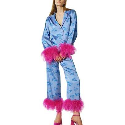 Women Valentine's Day Outfit Y2k Pajamas Set Heart Print Feather Trim Long Sleeve Button Up Pjs Shirt Tops Sleep Pajama Pants 2 Piece Lounge Sets Slee | SHEIN