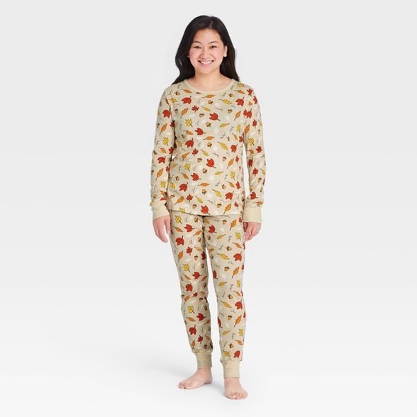 Women's Fall Leaf Print Matching Family Pajama Set - Oatmeal | Target