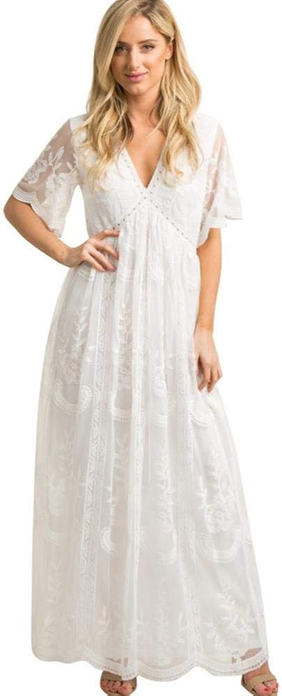 Women Casual V Neck Long Evening Maternity Dress Short Sleeve Floral Lace Boho Cocktail Party A L... | Amazon (US)